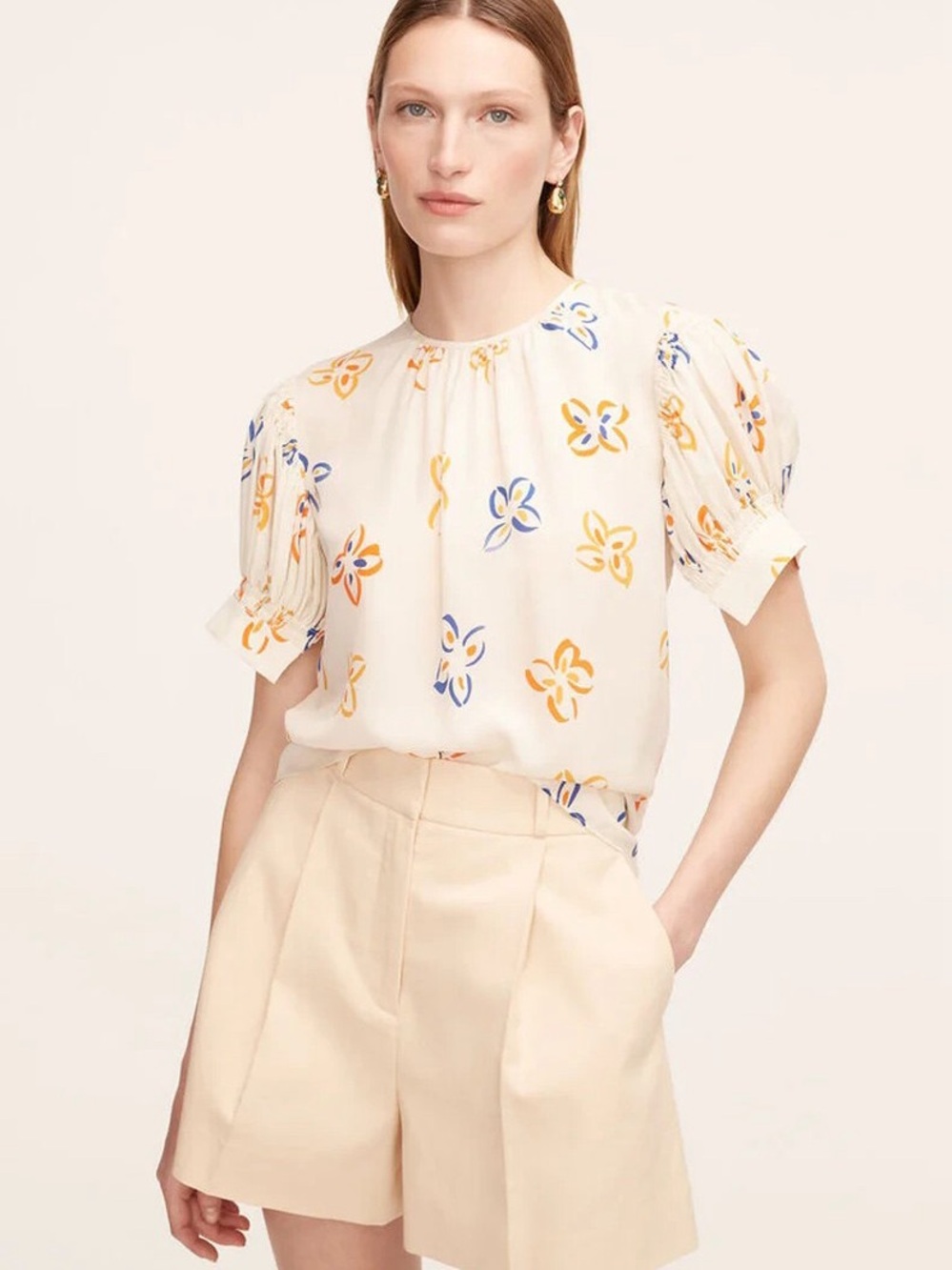 Rebecca Taylor 100% Silk Cream Floral Puff-Sleeve Blouse